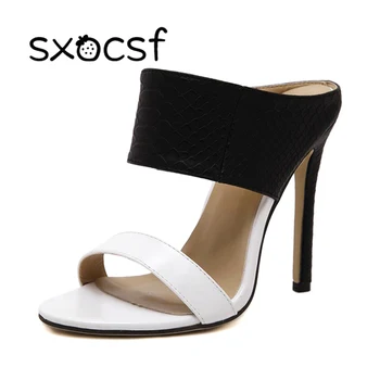 Plus Izmērs 35-41 Modes Sieviešu Vasaras augstpapēžu Sandales 11cm Zapatos Mujer Čības Puse Birojs Slaidi Dāmas Kurpes Melna Balta