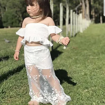 Bērnu apģērbu Baby Toddler Meitenes Pie Pleca Cietā Crop Topi+Mežģīņu Svārki Pantskirt Tērpiem Uzstādīt roupa infantil menina #SS