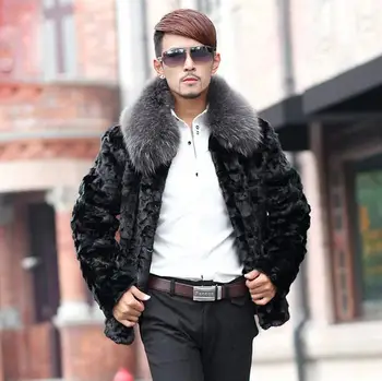 Melns stand apkakli silts īsas Mākslīgās Ūdeļādas kažoku vīriešu ādas jaka, vīriešu mēteļi Villus ziemas siltuma virsdrēbes britu stils