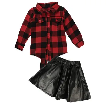 Vasara & Rudens Modes 2GAB Meitenes Bērniem Pleds Topi Krekls Melns Ādas Īsi Svārki Apģērbs, Apģērbu Streetwear Komplekts
