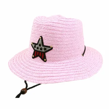 LNPBD 2017 zēns un meitene vasaras kovboju cepure džeza cepure, salmu cepure ar pieci norādīja zvaigzne vēja virvi, bērnu saules cepure 54 cm