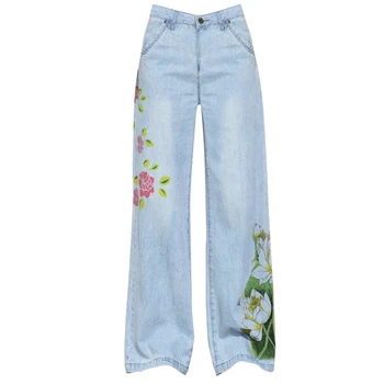Pavasara rudens sieviešu Vintage Augsta vidukļa džinsa izlīdzināšanu bikses plaša kāju bikses valsts vēja Drukāt džinsi literatūras džinsa bikses sieviete